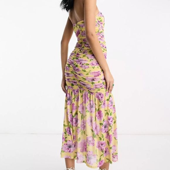 ASOS Design Mesh Ruched Bandeau Strapless Maxi Floral Dress Size 6 - Picture 3 of 14